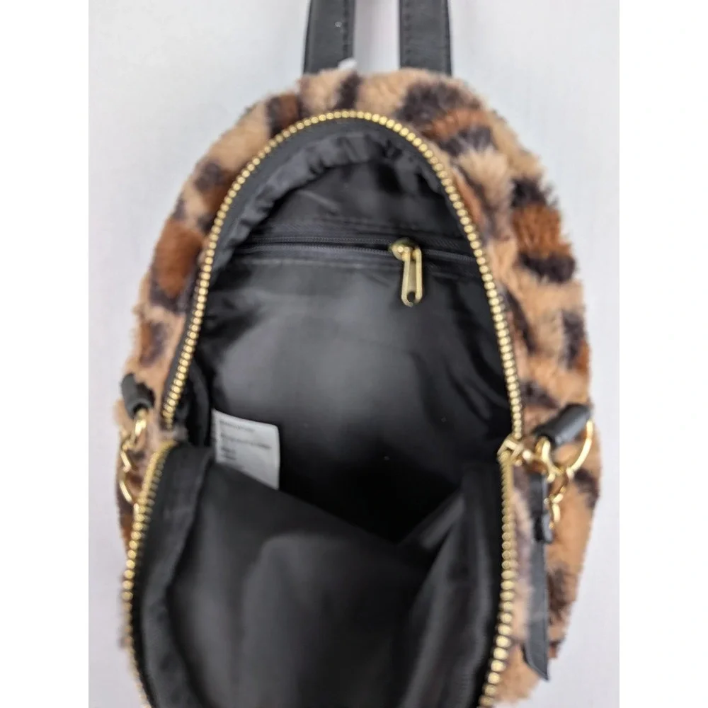No Boundaries Leopard Print Faux Fur Mini Backpack Gold Chain Accent Brown Black